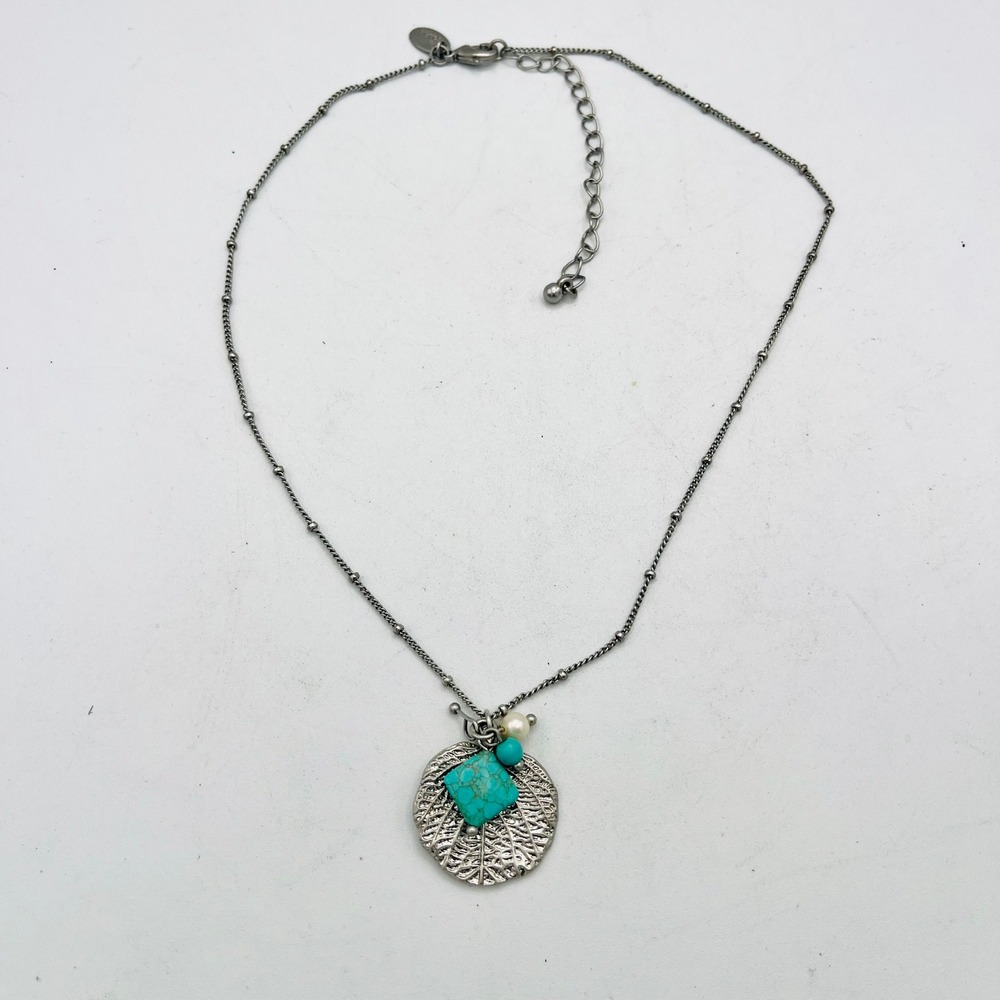 Lia Sophia Silver Tone Turquoise Faux Pearl Leaf Pendant Station Necklace